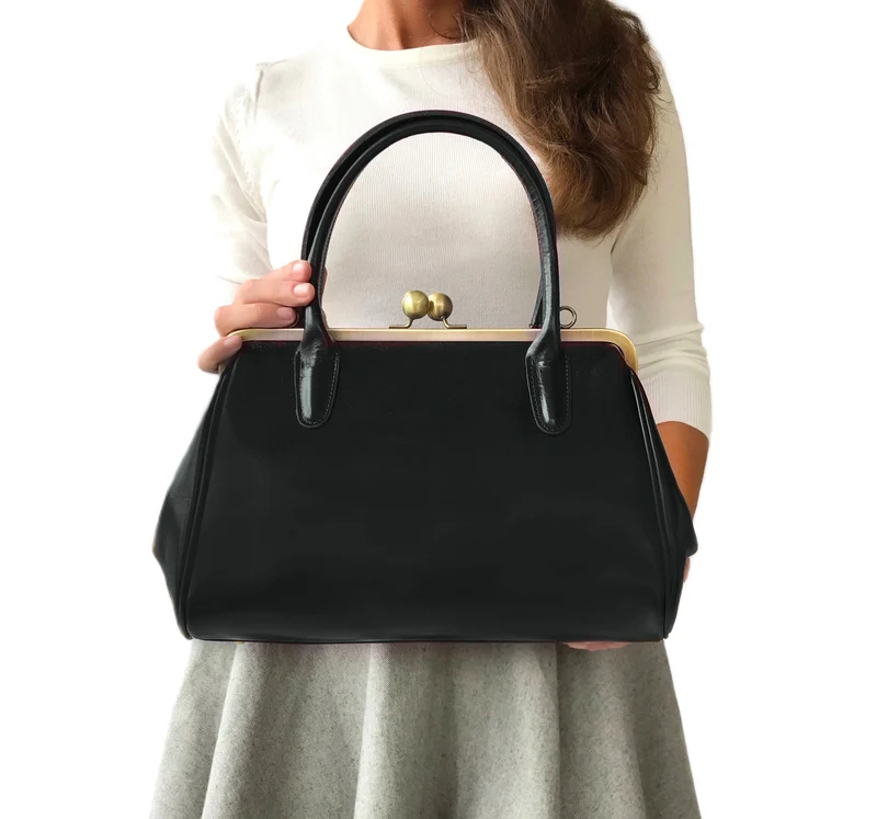 Retro Ledertasche Damen, Retro Bügeltasche "Sophie" in schwarz, Vintage Ledertasche, Henkeltasche, Schultertasche