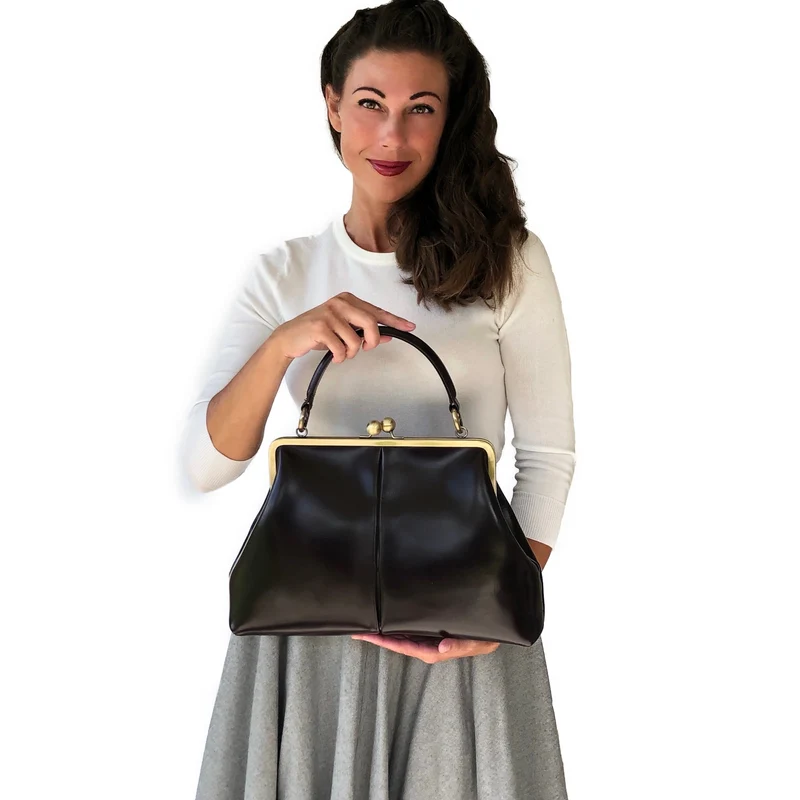 Retro Handtasche Damen, Ledertasche „Vintage Olive“ in Schwarz – Bügeltasche, Henkeltasche & Schultertasche