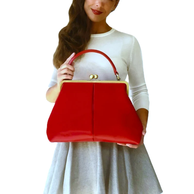 Rote Lederhandtasche „Vintage Olive“ – Retro Bügeltasche & Schultertasche