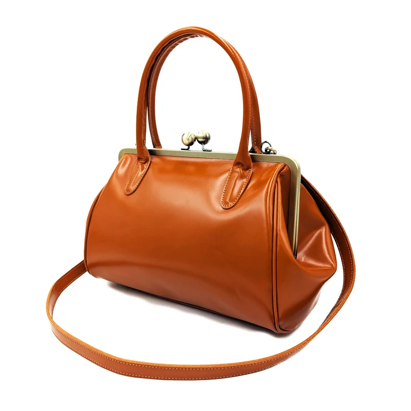 Retro Henkeltasche Damen „Sophie“ – Vintage Bügeltasche & Schultertasche in Orange Braun aus Echtleder