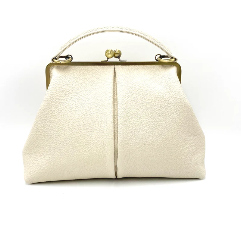 Damen Ledertasche "Olivia", in Elfenbein-weiß, Umhängetasche, Henkeltasche, Schultertasche, Bügeltasche, Groß