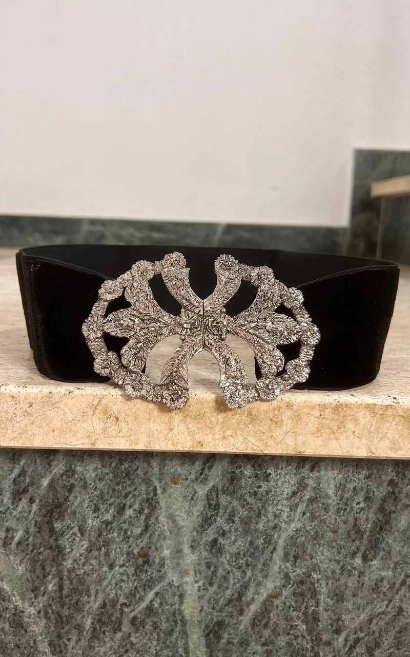 Black Velvet Stretch Belt with Ornate Silver-Tone Buckle