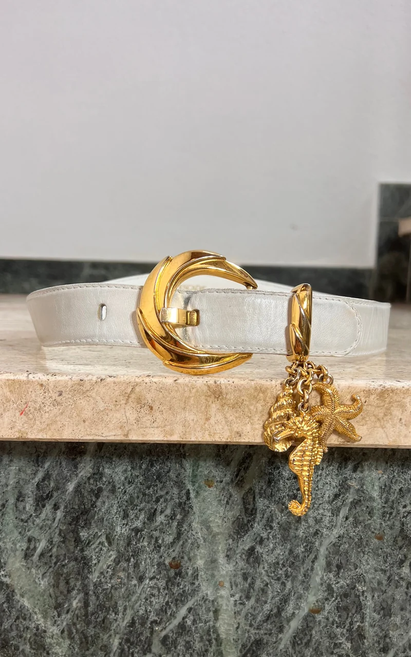 Vintage 90s Escada Leather Belt with Gold-Tone Sea Charms