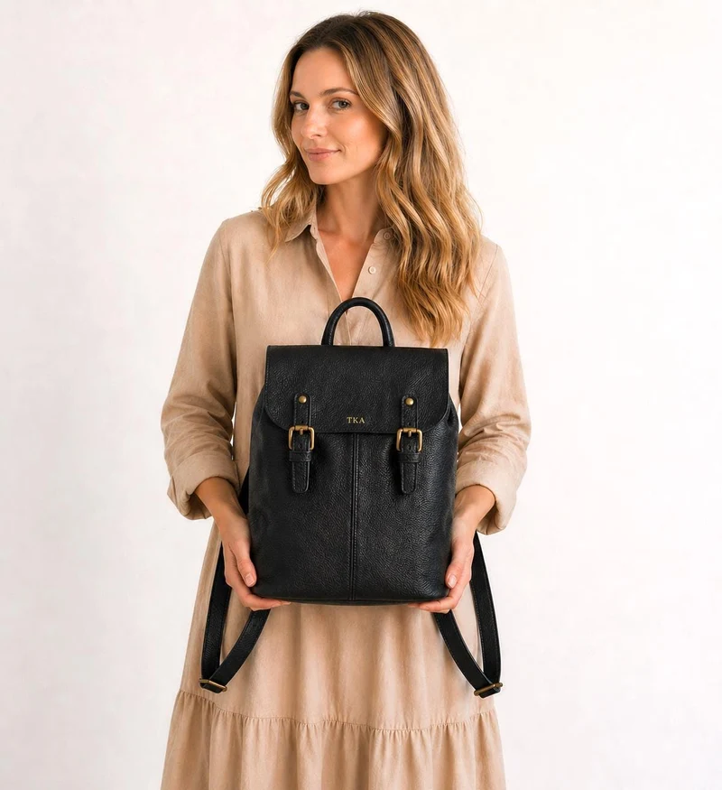 Damen Rucksack aus Echtleder „Billie“ – Schwarzer Cityrucksack für Alltag & Freizeit