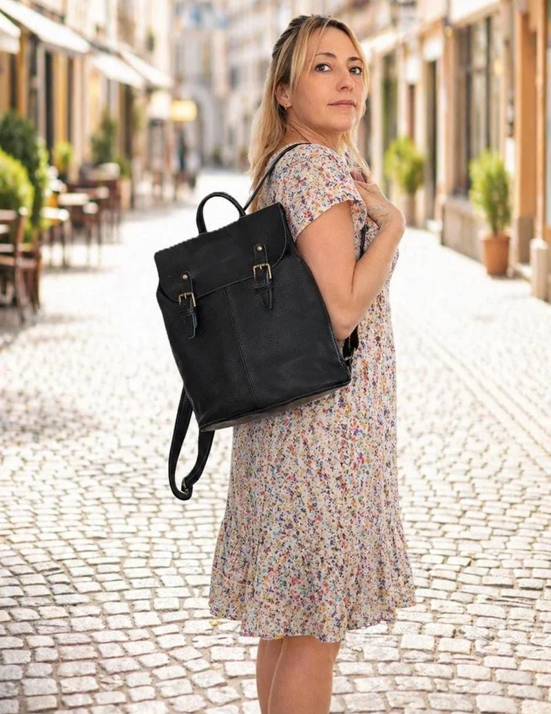 Damen Rucksack aus Echtleder „Billie“ – Schwarzer Cityrucksack für Alltag & Freizeit
