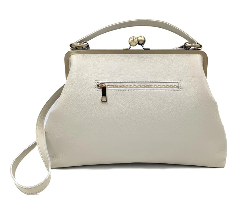 „Große Olive“ Vintage Lederhandtasche in Cremeweiß – Henkeltasche & Umhängetasche