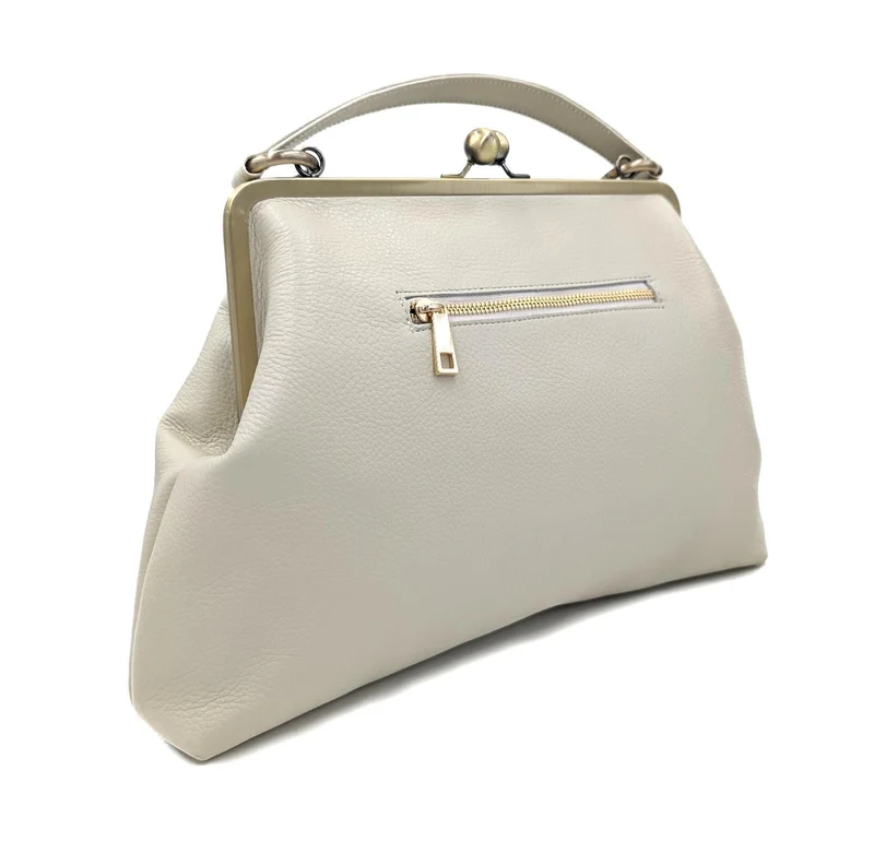 „Große Olive“ Vintage Lederhandtasche in Cremeweiß – Henkeltasche & Umhängetasche