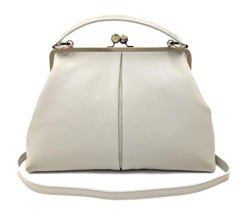 „Große Olive“ Vintage Lederhandtasche in Cremeweiß – Henkeltasche & Umhängetasche