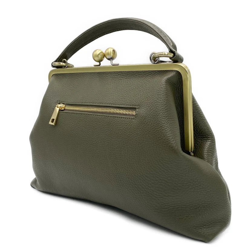 „Große Olive“ Vintage Lederhandtasche in Cremeweiß – Henkeltasche & Umhängetasche