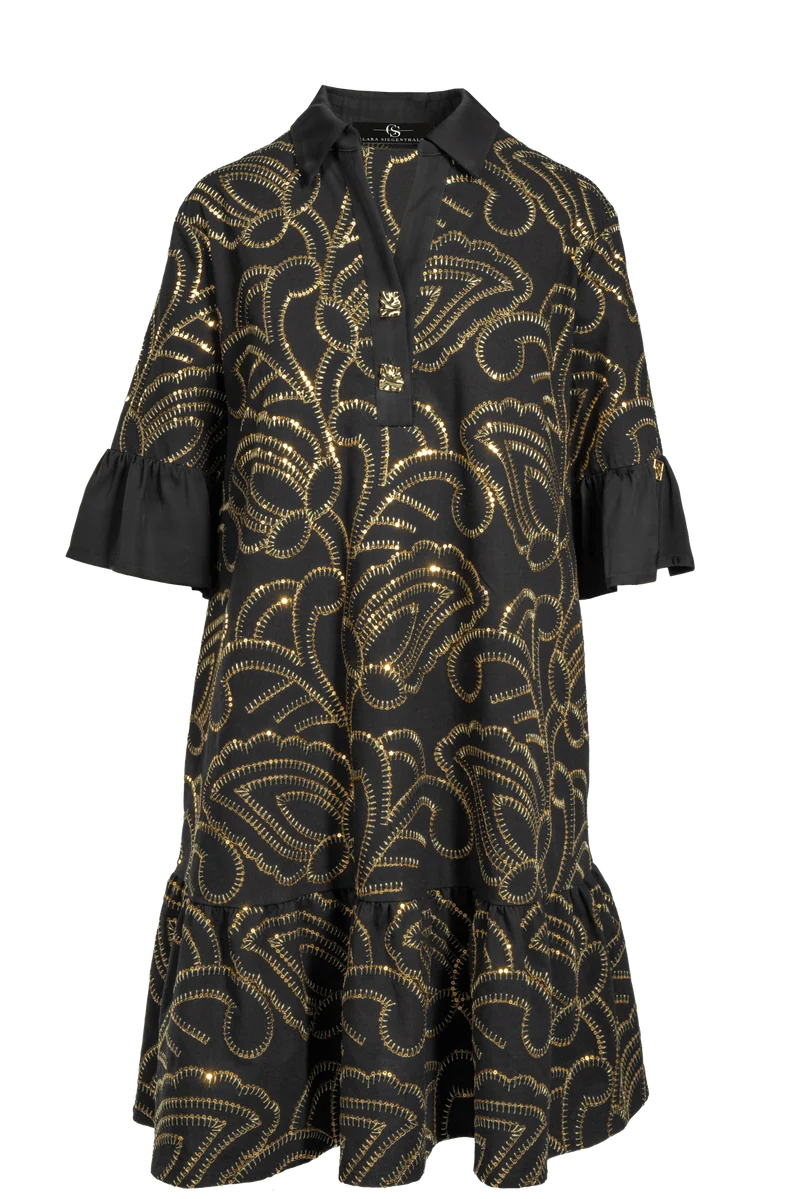 Kurzes schwingendes Kleid aus bestickter Baumwolle mit Goldknöpfen