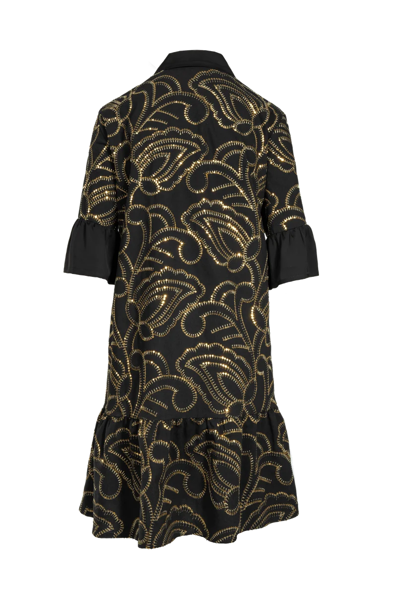 Kurzes schwingendes Kleid aus bestickter Baumwolle mit Goldknöpfen