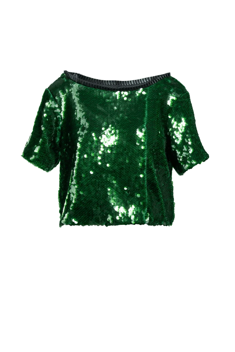 Pailletten Shirt gepatcht mit veganen Lederfalten