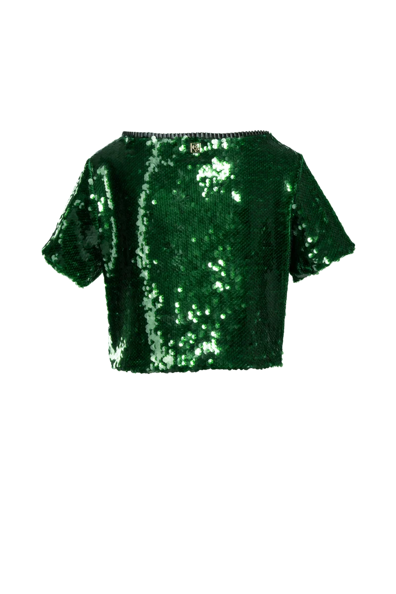Pailletten Shirt gepatcht mit veganen Lederfalten