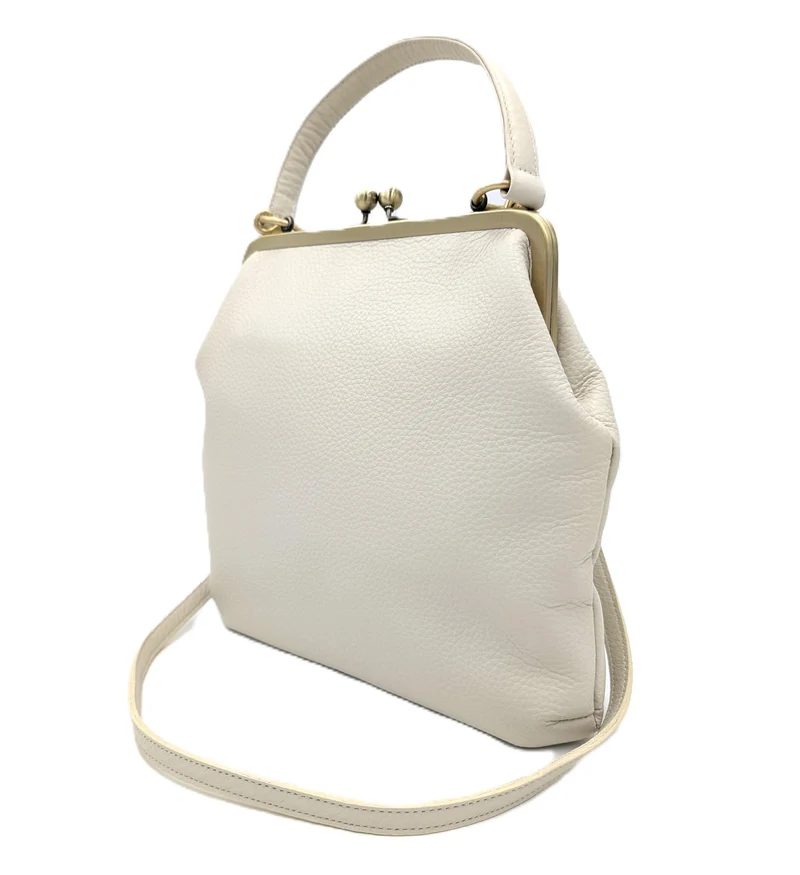 Cremeweiße Leder Handtasche – Zoe, Damen Umhängetasche mit Henkel und Schnappverschluss