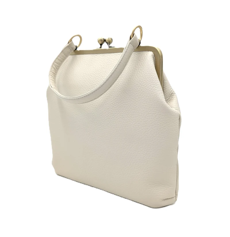 Cremeweiße Leder Handtasche – Zoe, Damen Umhängetasche mit Henkel und Schnappverschluss