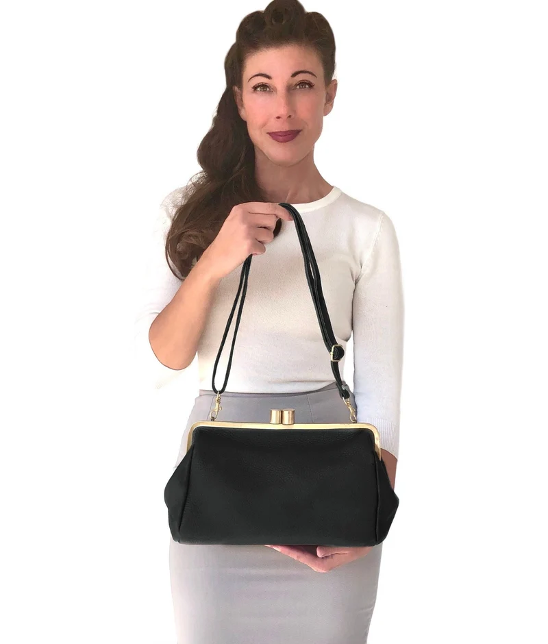 Damen Schultertasche und Clutch mit Bügelverschluss – "Dakota" Ledertasche aus echtem Leder