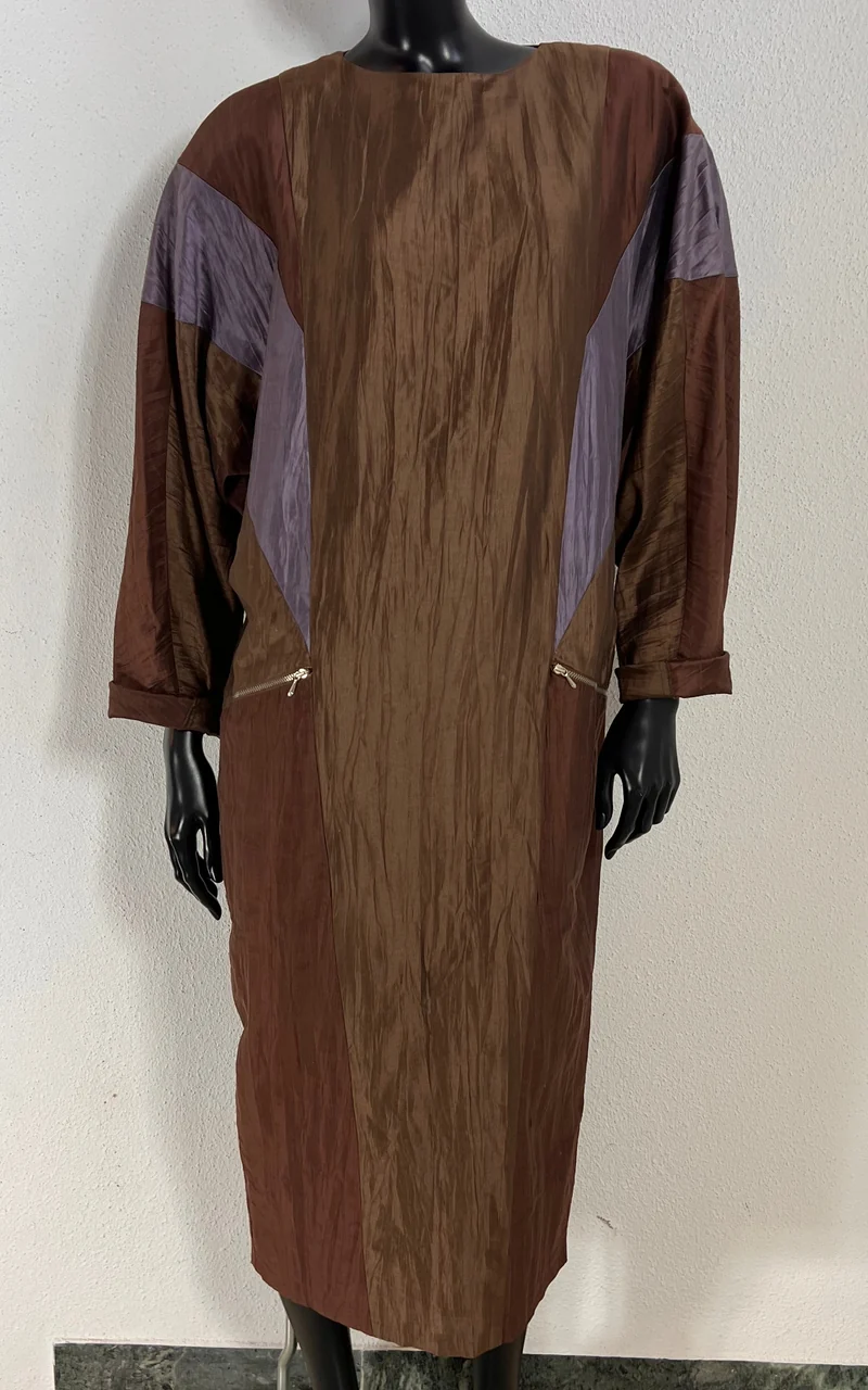 Vintage Moncara 100% Silk Brown Colour-Block Midi Dress
