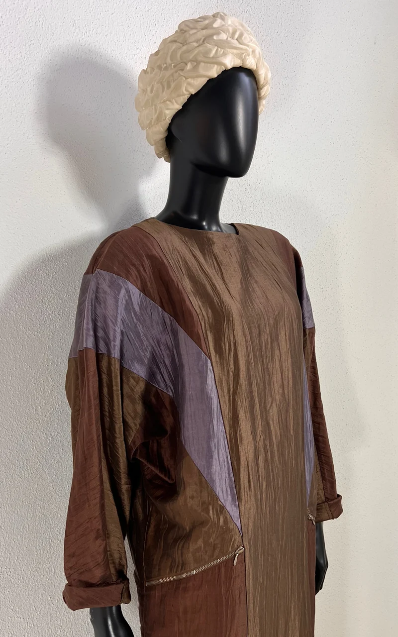 Vintage Moncara 100% Silk Brown Colour-Block Midi Dress