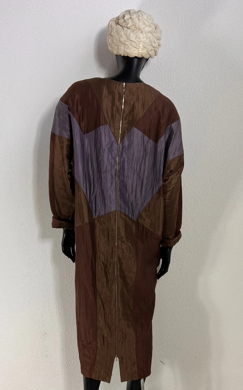 Vintage Moncara 100% Silk Brown Colour-Block Midi Dress