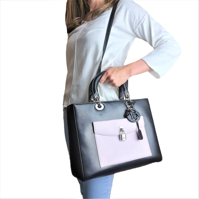 Christian Dior Black Lambskin Large Lady Dior Pockets Shoulder Bag (759)
