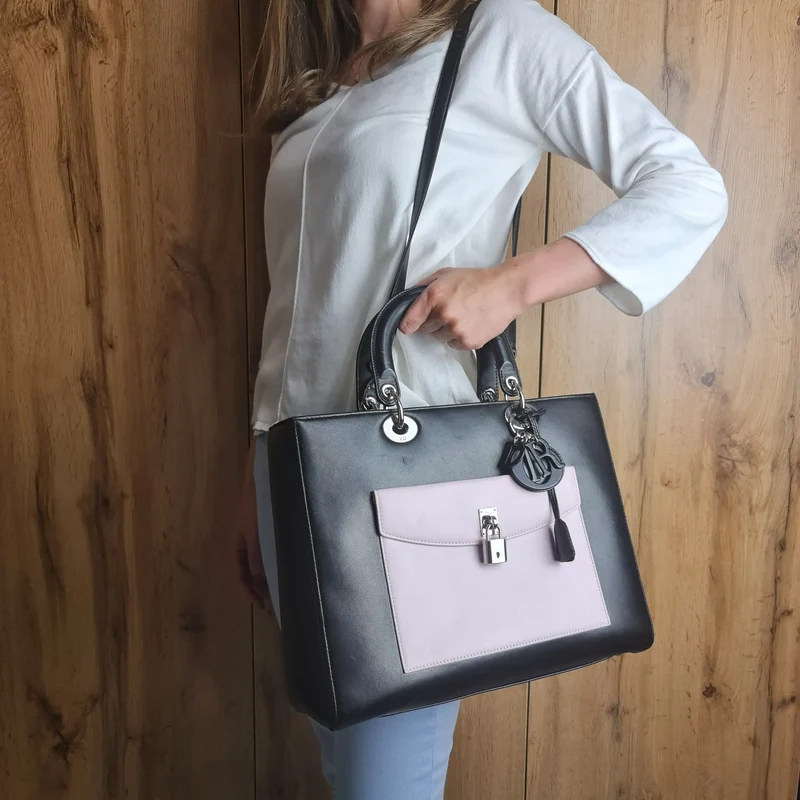 Christian Dior Black Lambskin Large Lady Dior Pockets Shoulder Bag (759)