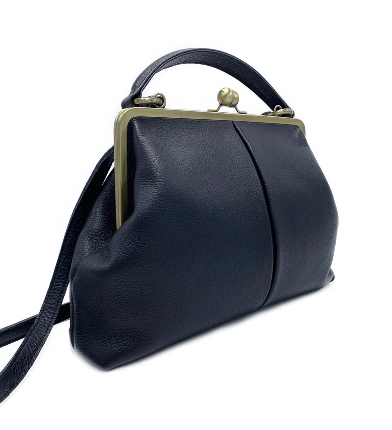Retro Leder Handtasche "Große Olive" in schwarz - Henkeltasche & Schultertasche