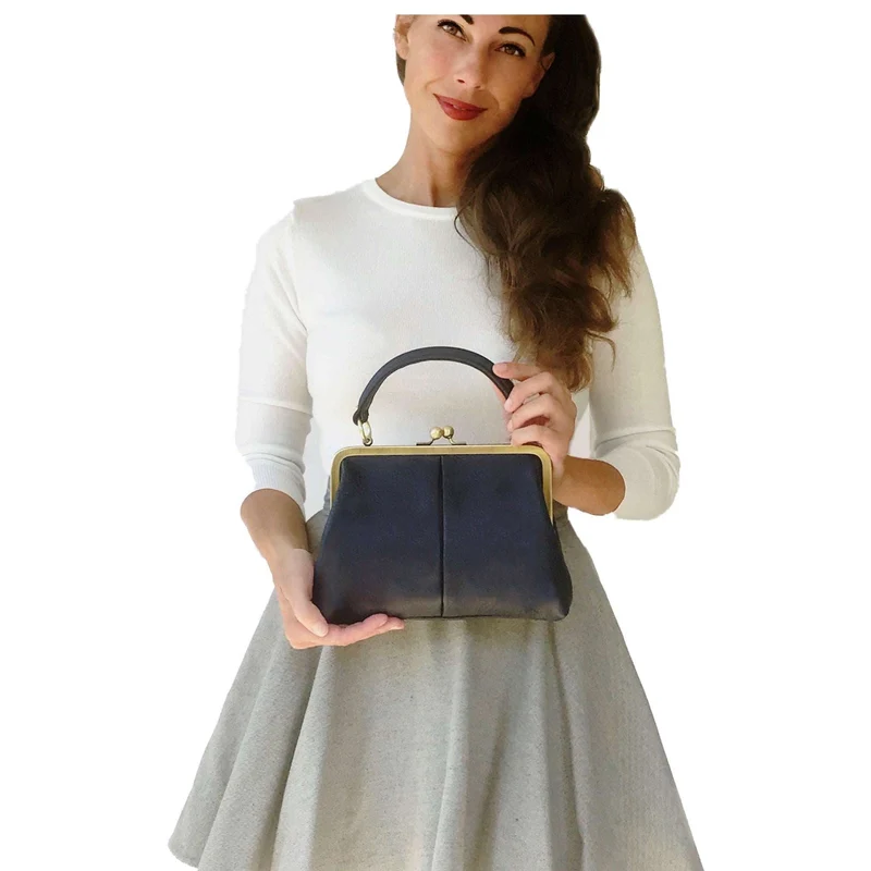 Leder Handtasche im Vintage Stil - Kleine Olive in Dunkelblau, Henkeltasche, Umhängetasche, Bügeltasche