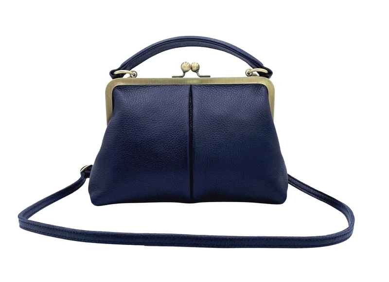 Leder Handtasche im Vintage Stil - Kleine Olive in Dunkelblau, Henkeltasche, Umhängetasche, Bügeltasche