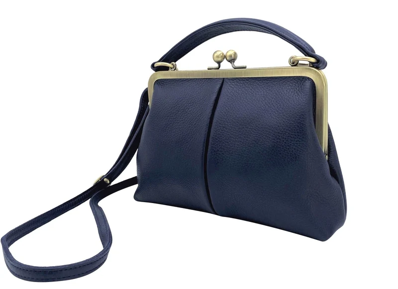 Leder Handtasche im Vintage Stil - Kleine Olive in Dunkelblau, Henkeltasche, Umhängetasche, Bügeltasche