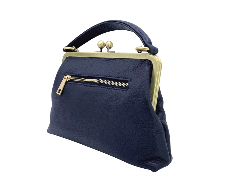 Leder Handtasche im Vintage Stil - Kleine Olive in Dunkelblau, Henkeltasche, Umhängetasche, Bügeltasche