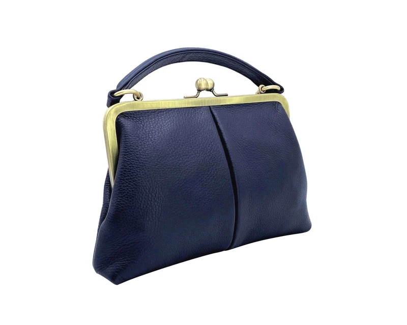Leder Handtasche im Vintage Stil - Kleine Olive in Dunkelblau, Henkeltasche, Umhängetasche, Bügeltasche