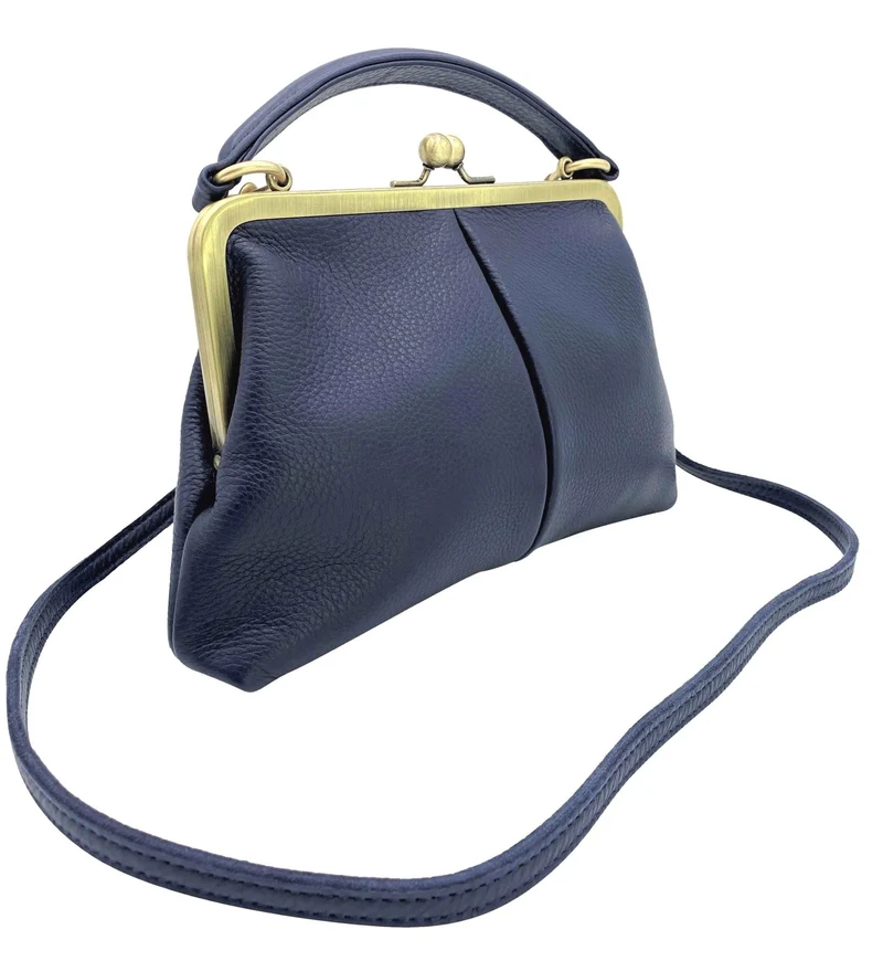Leder Handtasche im Vintage Stil - Kleine Olive in Dunkelblau, Henkeltasche, Umhängetasche, Bügeltasche