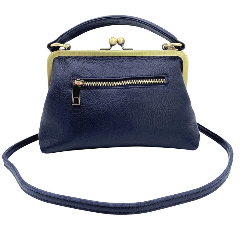Leder Handtasche im Vintage Stil - Kleine Olive in Dunkelblau, Henkeltasche, Umhängetasche, Bügeltasche