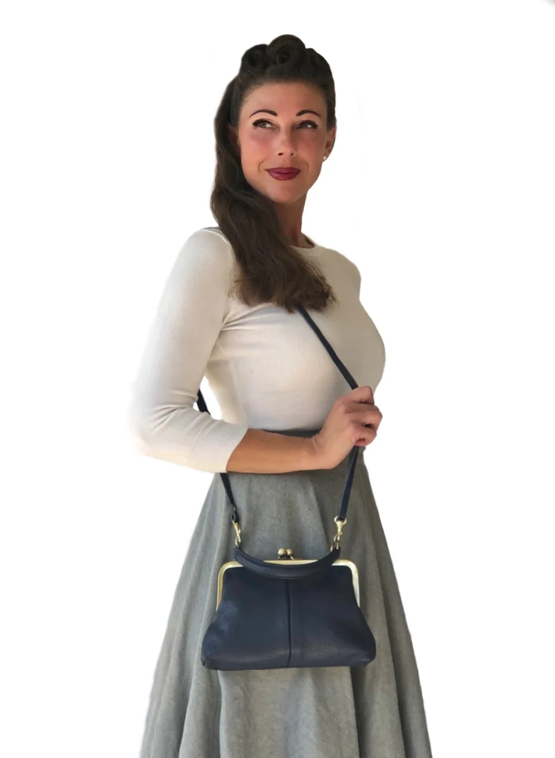 Leder Handtasche im Vintage Stil - Kleine Olive in Dunkelblau, Henkeltasche, Umhängetasche, Bügeltasche