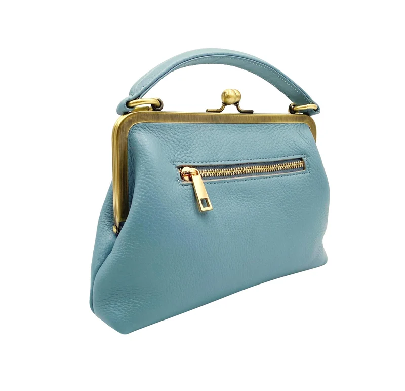 Kleine Damen Ledertasche "Kleine Olive" - Hellblau | Umhängetasche | Bügeltasche | Retro