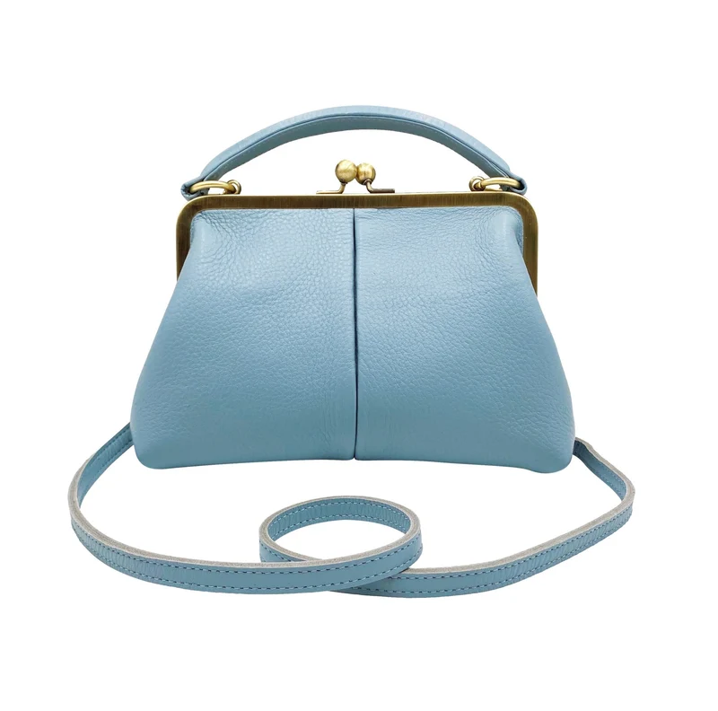 Kleine Damen Ledertasche "Kleine Olive" - Hellblau | Umhängetasche | Bügeltasche | Retro