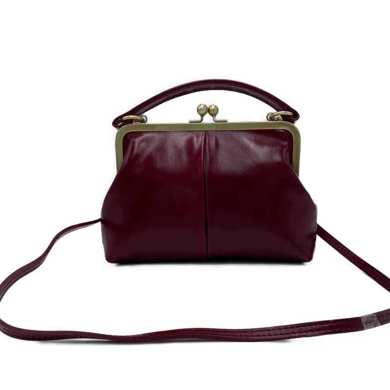 Vintage Damentasche aus Leder - Bügeltasche - Vintage Kleine Olive in Bordeauxrot - Umhängetasche und Handgelenkstasche