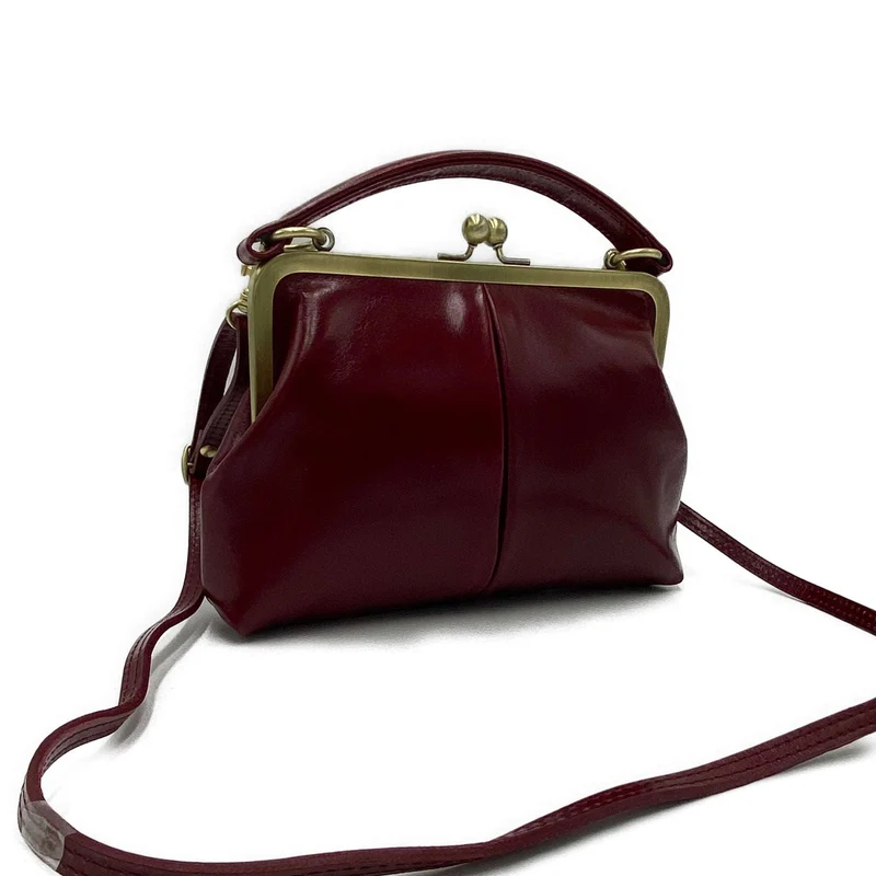 Vintage Damentasche aus Leder - Bügeltasche - Vintage Kleine Olive in Bordeauxrot - Umhängetasche und Handgelenkstasche