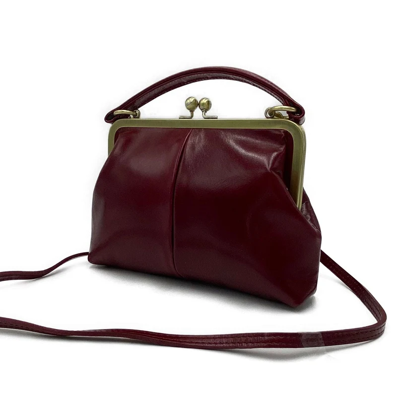 Vintage Damentasche aus Leder - Bügeltasche - Vintage Kleine Olive in Bordeauxrot - Umhängetasche und Handgelenkstasche
