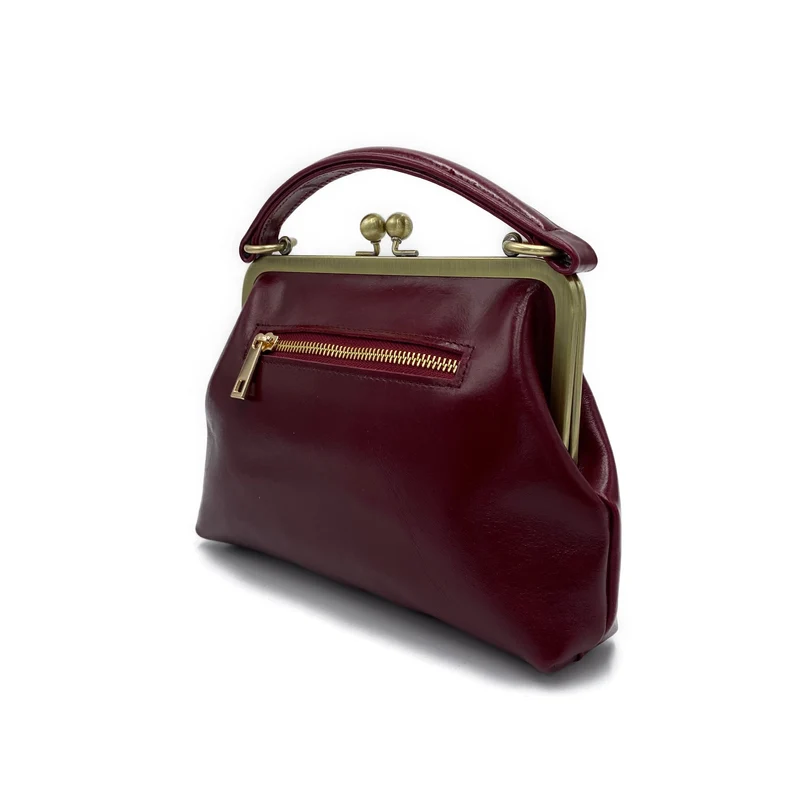 Vintage Damentasche aus Leder - Bügeltasche - Vintage Kleine Olive in Bordeauxrot - Umhängetasche und Handgelenkstasche