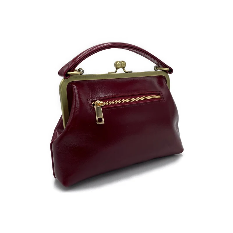 Vintage Damentasche aus Leder - Bügeltasche - Vintage Kleine Olive in Bordeauxrot - Umhängetasche und Handgelenkstasche
