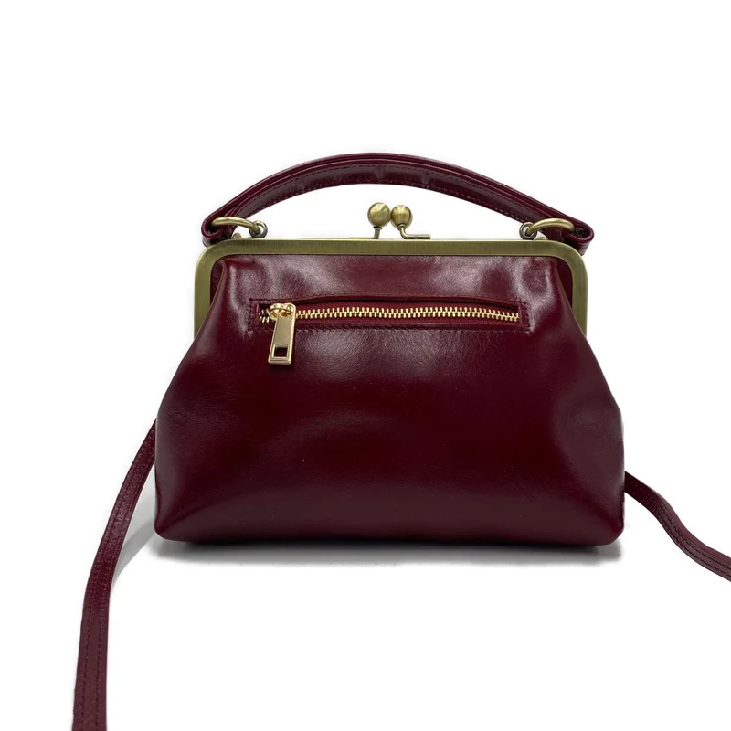 Vintage Damentasche aus Leder - Bügeltasche - Vintage Kleine Olive in Bordeauxrot - Umhängetasche und Handgelenkstasche