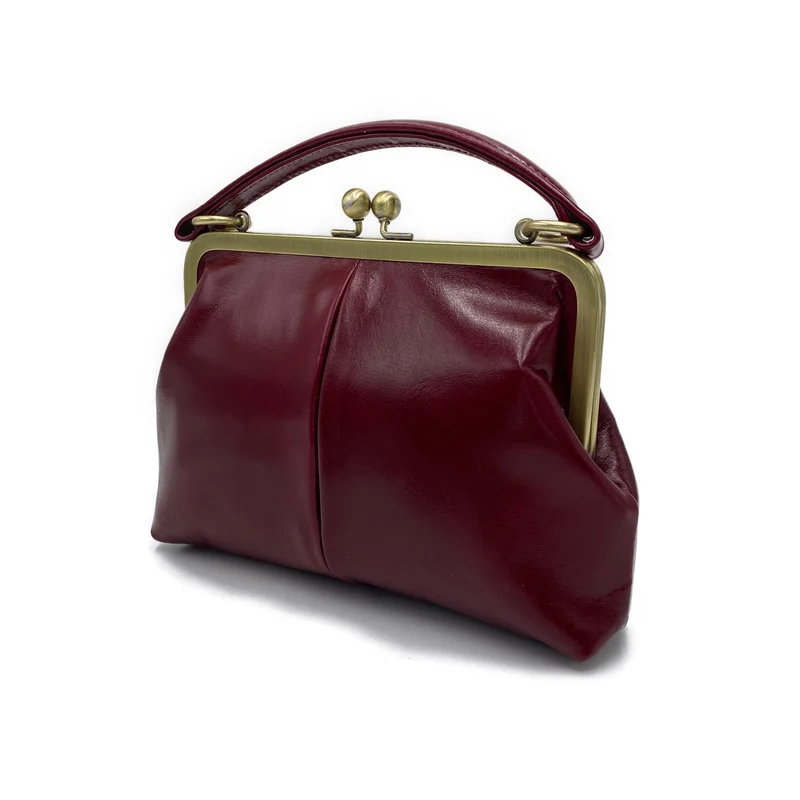 Vintage Damentasche aus Leder - Bügeltasche - Vintage Kleine Olive in Bordeauxrot - Umhängetasche und Handgelenkstasche