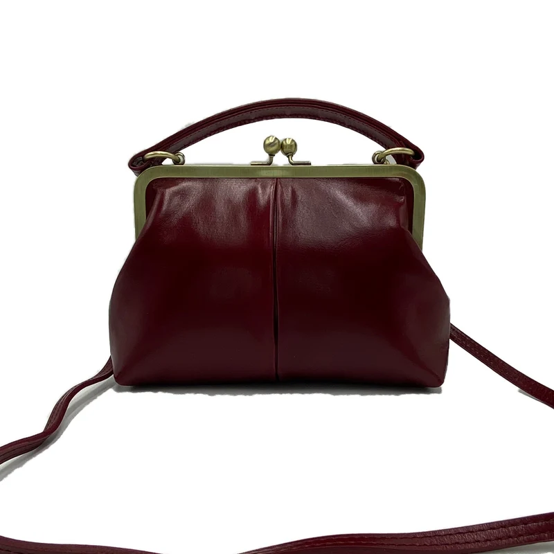 Vintage Damentasche aus Leder - Bügeltasche - Vintage Kleine Olive in Bordeauxrot - Umhängetasche und Handgelenkstasche