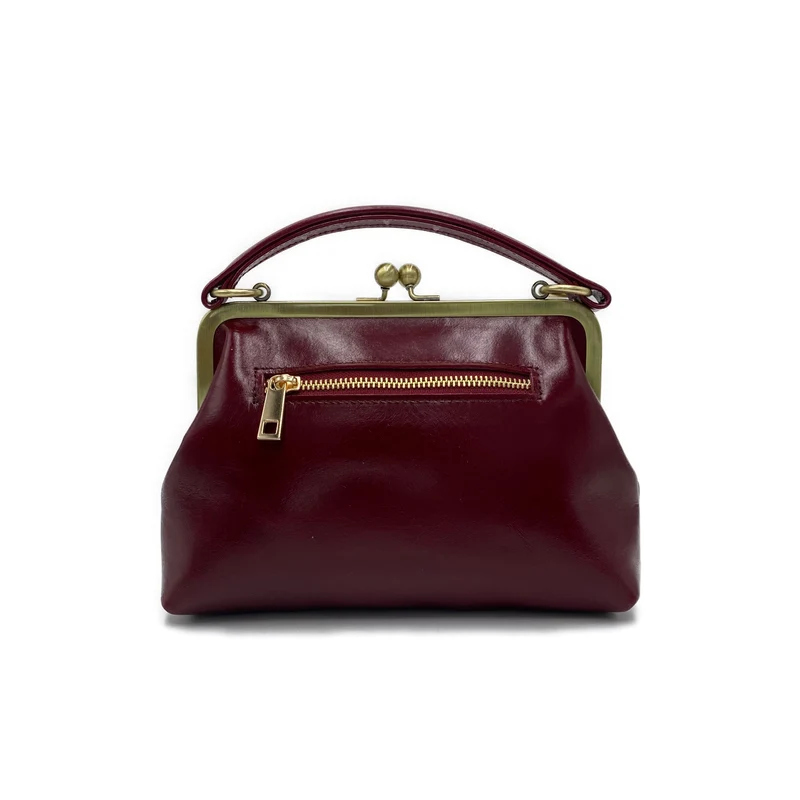 Vintage Damentasche aus Leder - Bügeltasche - Vintage Kleine Olive in Bordeauxrot - Umhängetasche und Handgelenkstasche