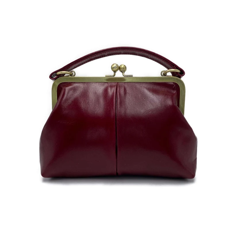 Vintage Damentasche aus Leder - Bügeltasche - Vintage Kleine Olive in Bordeauxrot - Umhängetasche und Handgelenkstasche