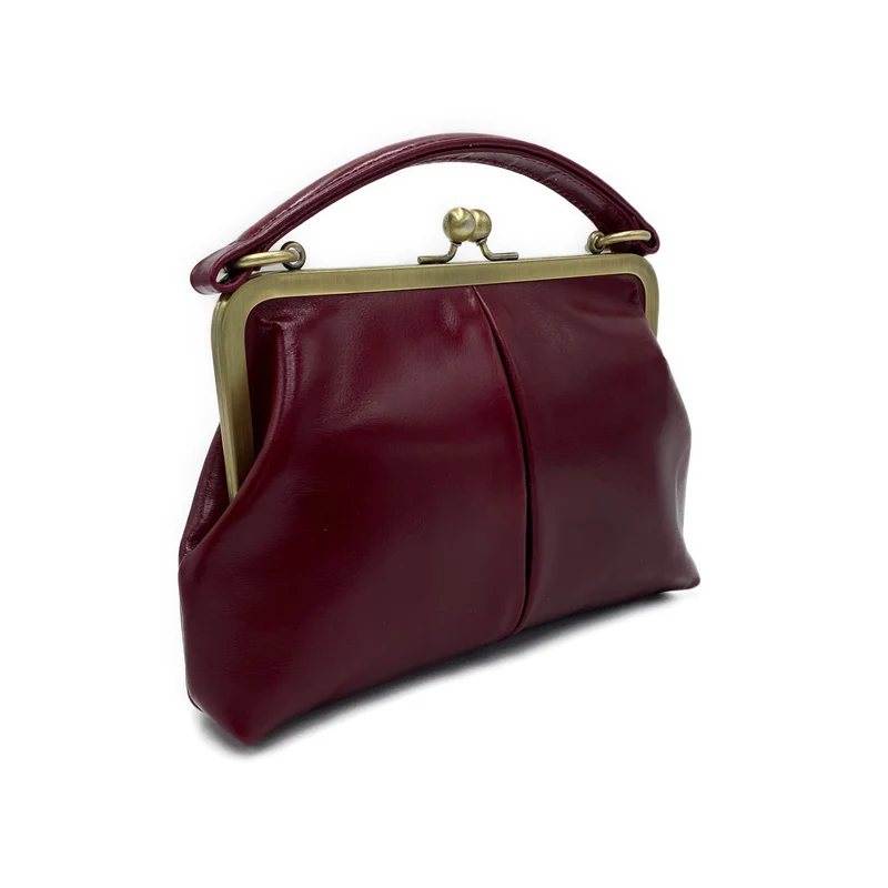 Vintage Damentasche aus Leder - Bügeltasche - Vintage Kleine Olive in Bordeauxrot - Umhängetasche und Handgelenkstasche