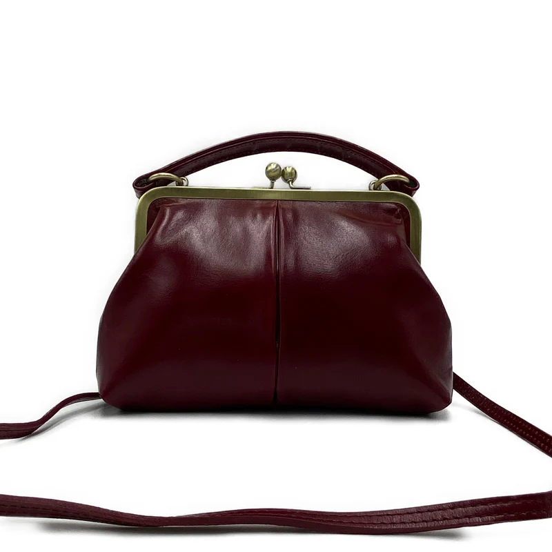 Vintage Damentasche aus Leder - Bügeltasche - Vintage Kleine Olive in Bordeauxrot - Umhängetasche und Handgelenkstasche