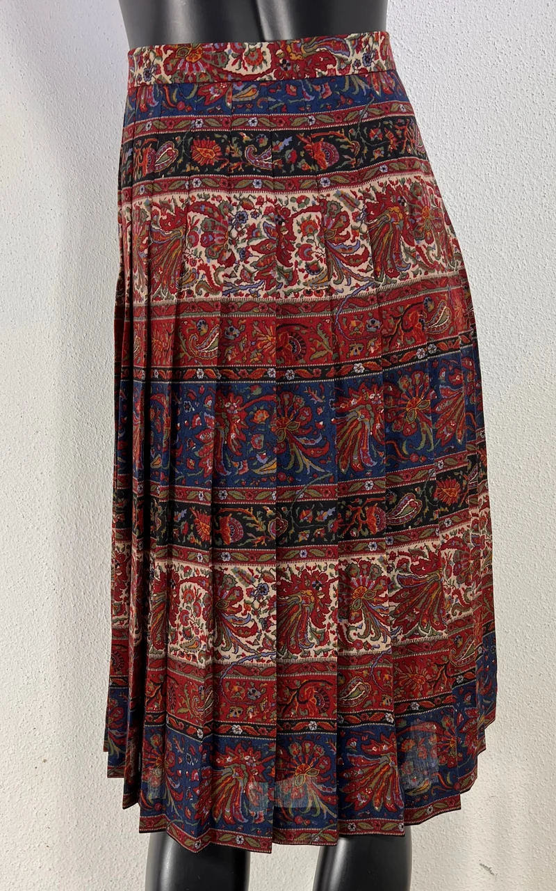 Vintage Pleated Midi Skirt with Ornate Paisley Floral Print