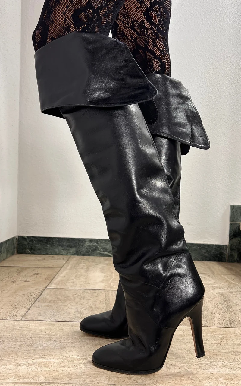 1970s Italian Black Leather Pirate Boots 40